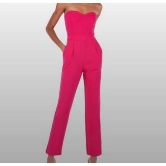 Express Hot Pink Strapless Sweetheart Wide-Leg Jumpsuit - Size 0 - Picture 1 of 7
